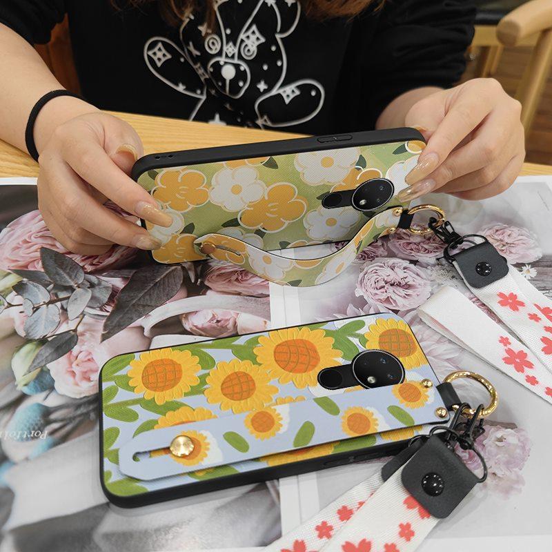 Anti-knock Flower Phone Case For Nokia 6.2/7.2 Dirt-resistant Silicone Oil Painting Waterproof Soft Case Wristband Ring
