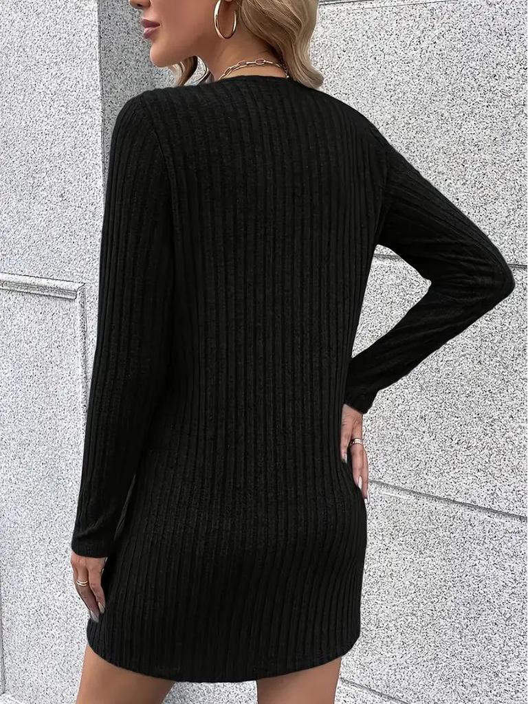 Elegant V-neck Ribbed Dress for Spring and Autumn