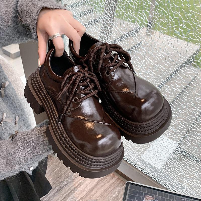 

Leather small British big head small leather shoes women s spring new lace-up thick-soled heightening single shoes 35 чёрный