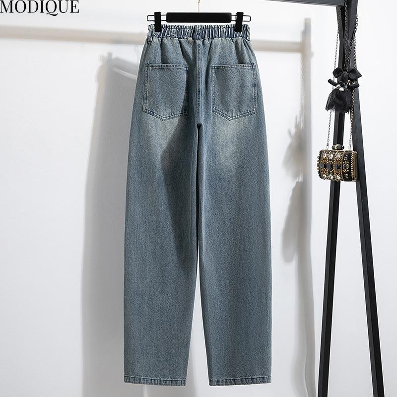 MODIQUE 2025 New Plus Size Summer Women's Loose Casual Straight Sickle Denim Long Pant Ladies Classic Elastic Solid Color Blue Jeans