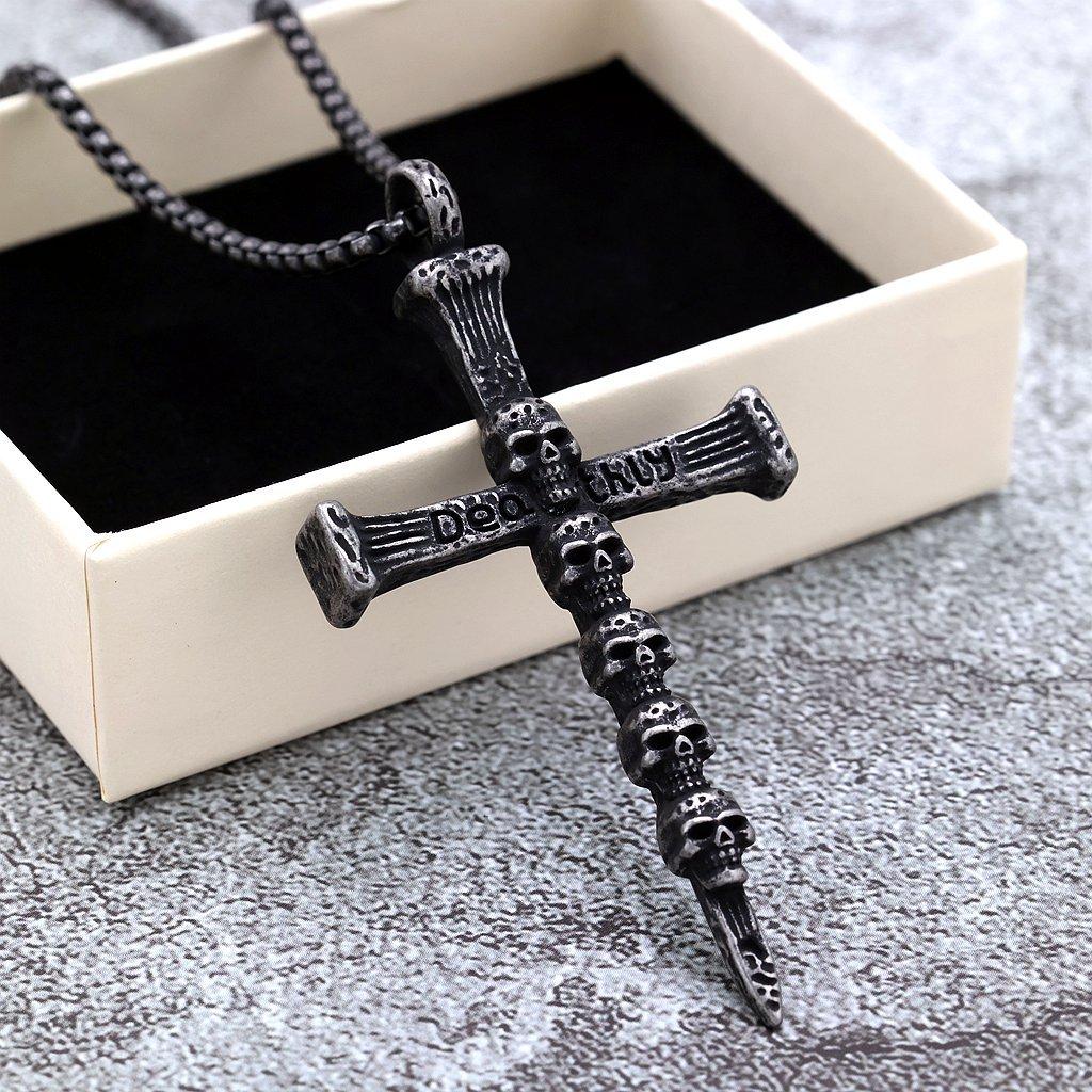 Vintage Punk Skull Cross Stainless Steel Necklace for Men Gothic Jewelry