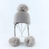 Kids Knitted Ear Warm Hat With Fox Fur Pom Poms Three-Color Braided Design Winter Cap
