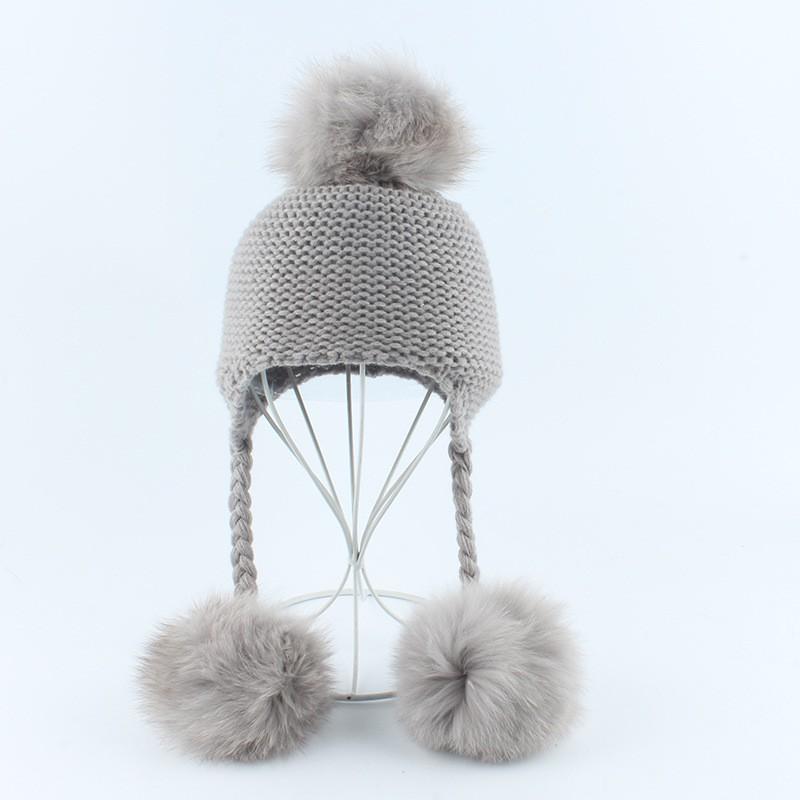 Kids Knitted Ear Warm Hat With Fox Fur Pom Poms Three-Color Braided Design Winter Cap
