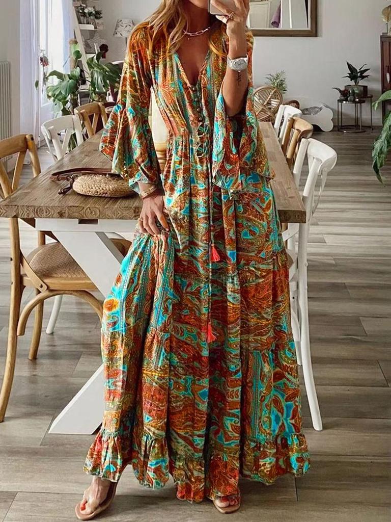 2023 Bohemian Style V-Neck Bell Sleeve High Waist Floral Vacation Dress for Women
