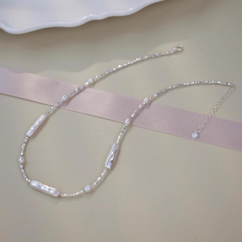 Alien-shaped Freshwater Pearl Small Silver Strip Pearl Necklace, Silver-plated Broken Silver, Luxury Casual Collar Chain