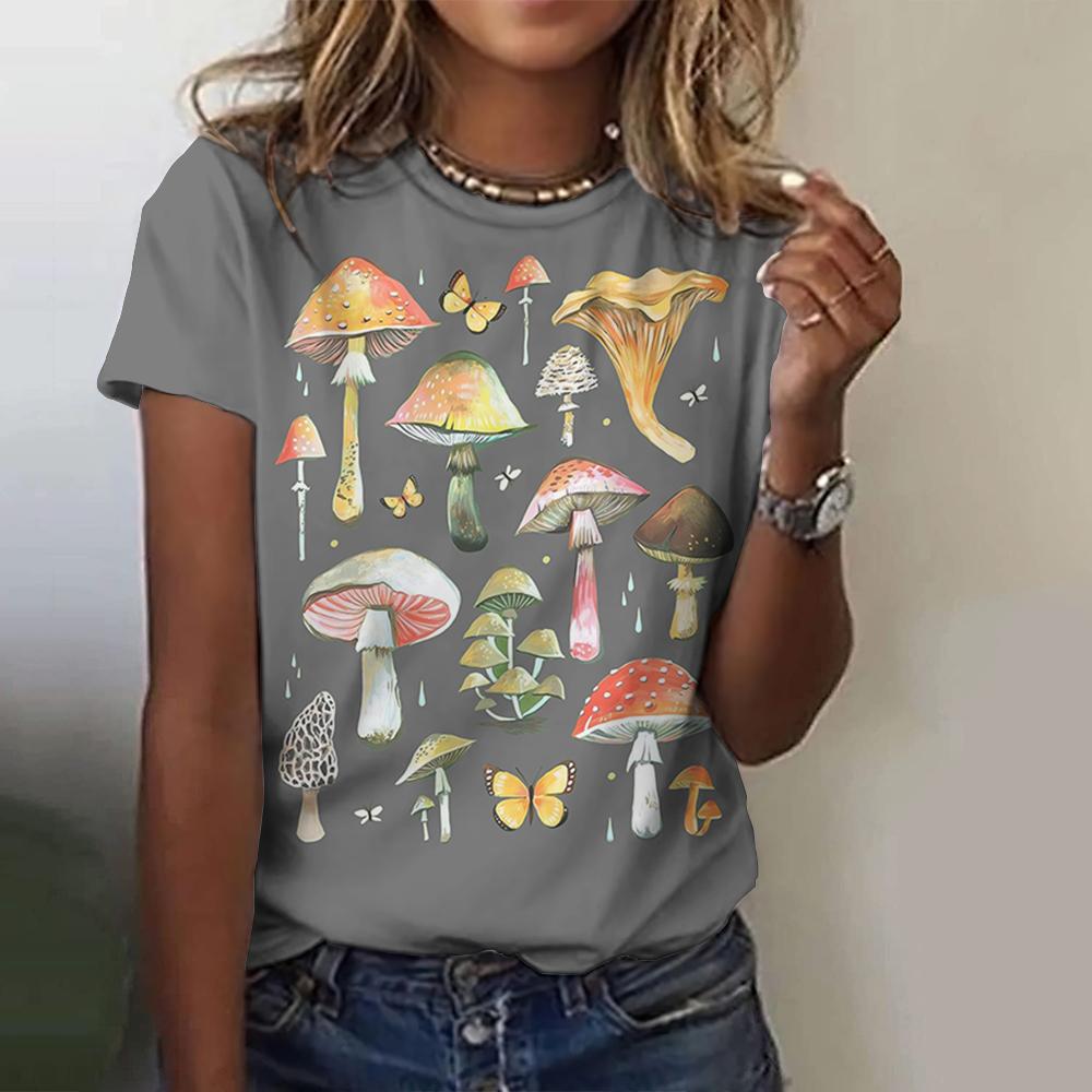 High-Quality Cotton Cute Mushroom Print Women's T-Shirt Retro Fashion Casual Summer New Short-Sleeved Women's Clothing