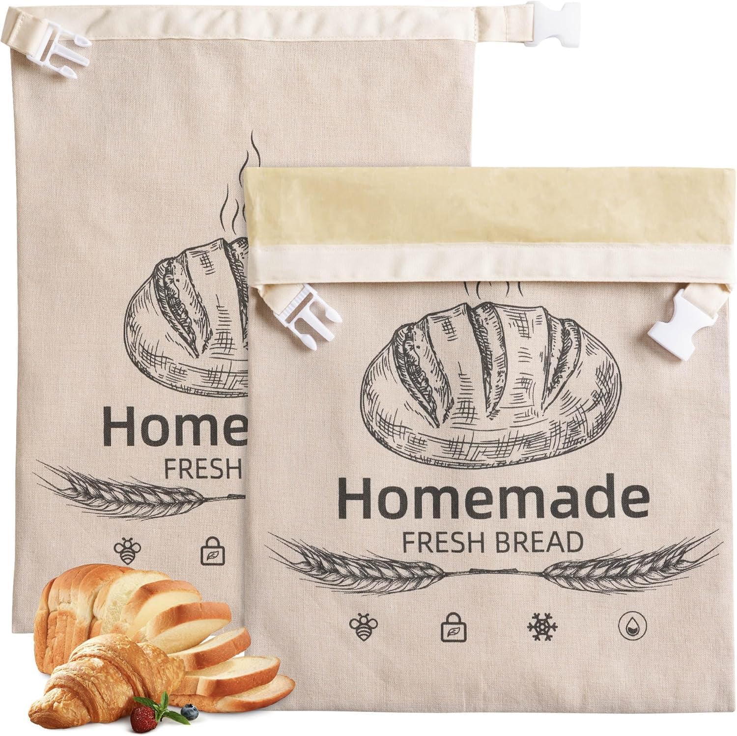 Reusable beeswax bread bags,  for food storage, 17 x 12.6 inches  (2-pack)
