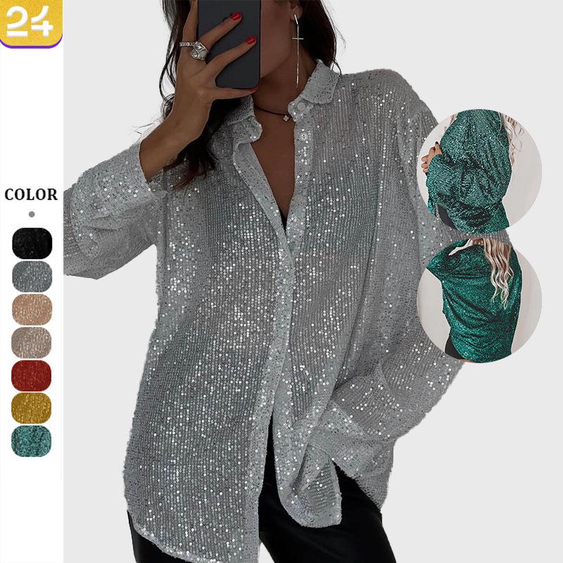 Spring/Summer European & American Sequin Lapel Long Sleeve Cardigan Shirt