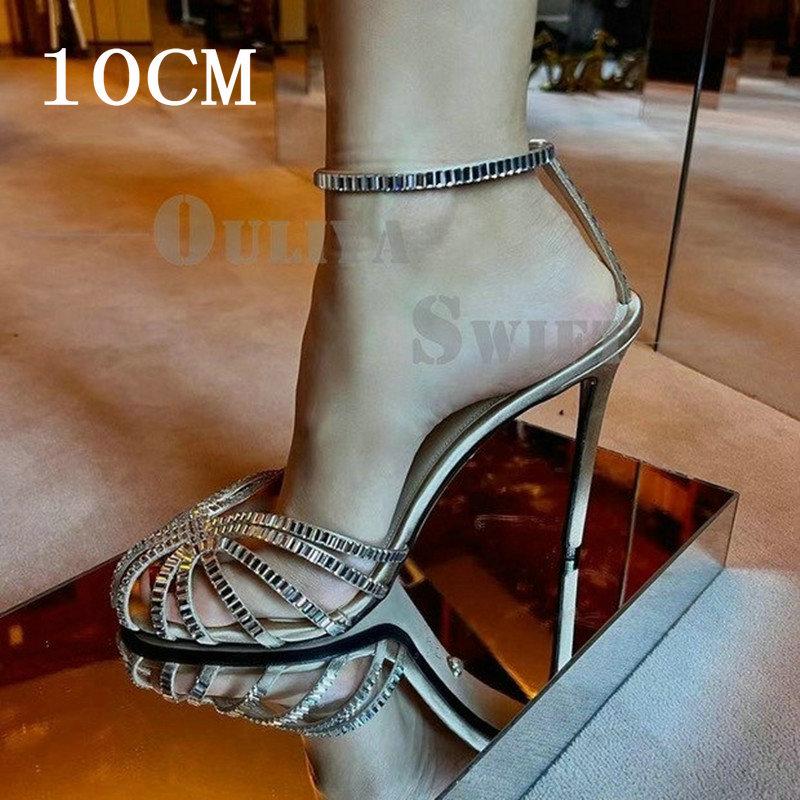 French Design Hollow Heels Women'S 2025 Summer Rhinestone Bag And One-Line Buckle Stiletto Sandals