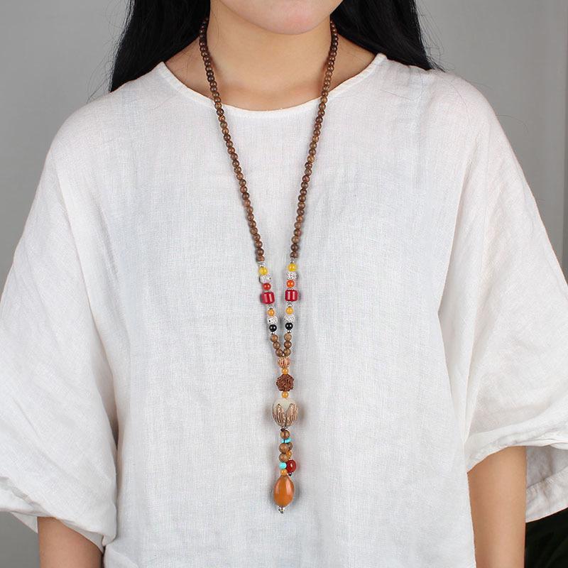 Ethnic Style Bodhi Sweater Necklace with Cotton Linen and Wood Prayer Beads