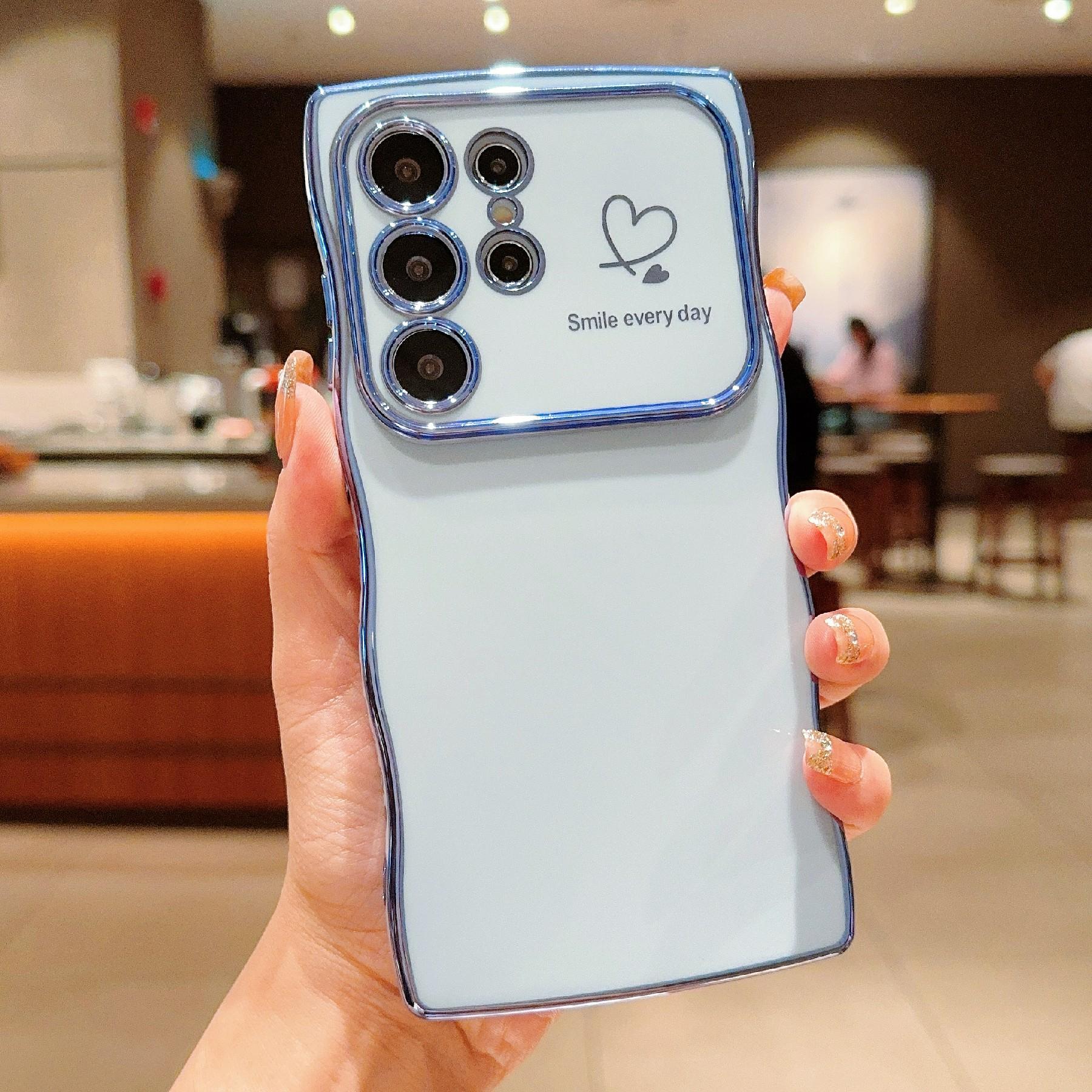 

For Samsung Galaxy S22 Ultra 5G Case Wave Frame with Love Heart Raised Camera Protection TPU Cover Blue