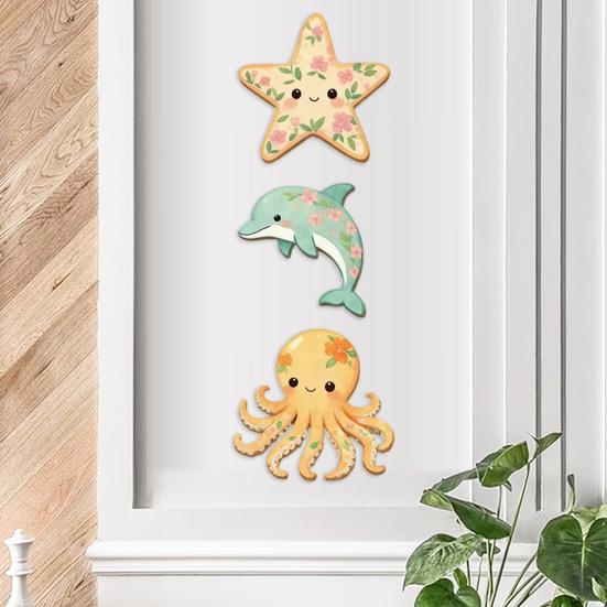 3 Piezas Arte de Pared Temática Playa Océano, Estrella de Mar de Madera 2D Delfín Pulpo Escultura Colgante de Pared para Casa de Campo, Baño, Decoración de Dormitorio