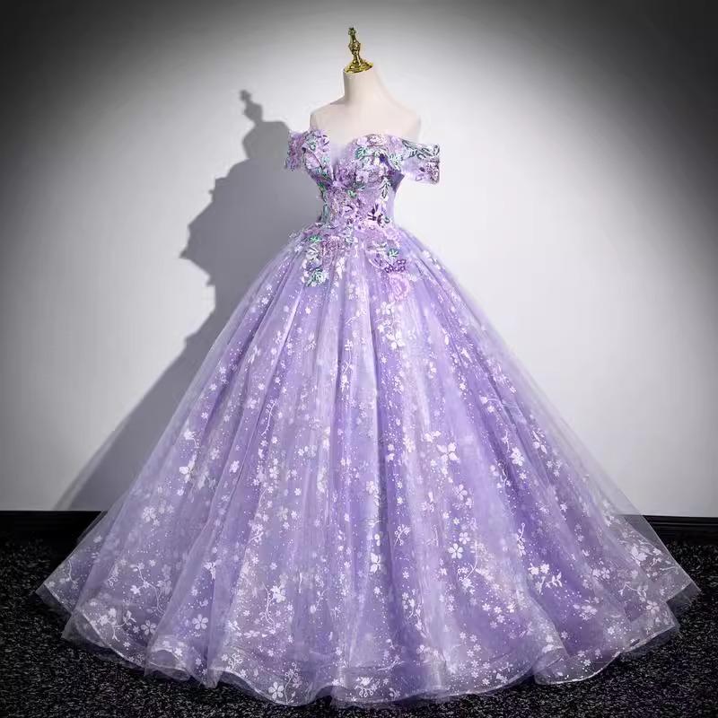 Elegant Off-the-Shoulder Purple Evening Dress with Puffy Skirt for Student Performances or Formal Events