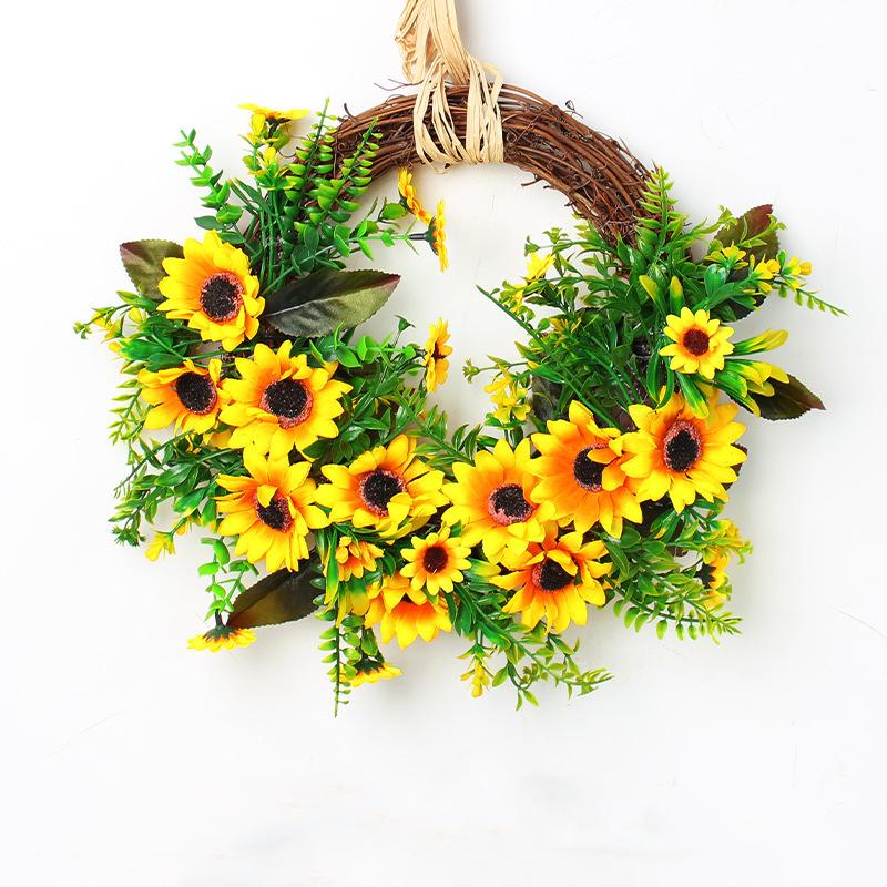 Spring Pastoral Wind Rattan Sunflower Wreath Simulation Sunflower Wreath Door Hanging Ornaments