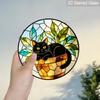 2D Flat Stained Glass Cute Black Cat Window Decoration, 7.87inches Colored Glass Plate with Chain, Hanging Sun Catcher Home Decor, Unique Holiday
