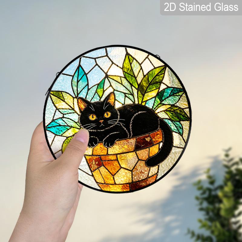 2D Flat Stained Glass Cute Black Cat Window Decoration, 7.87inches Colored Glass Plate with Chain, Hanging Sun Catcher Home Decor, Unique Holiday