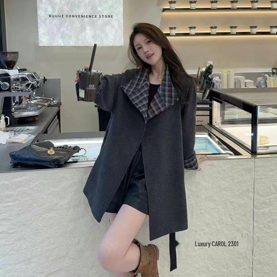 

Women s Korean Style Plaid Wool Trench Coat - Color Block Patchwork, Loose Slimming Fit, Spring/Autumn Outerwear. L 55-65 kg