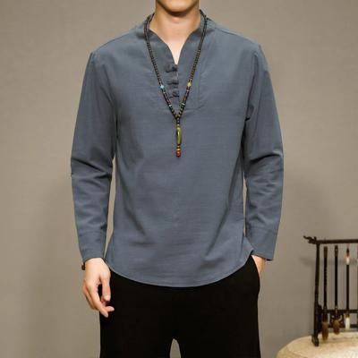 Frühling Herbst Herren Locker Langarm T-Shirt Männlich Baumwolle Einfarbig T-Shirts Herren Tang Kostüm Traditioneller Chinesischer Stil Oberteile T-Shirts