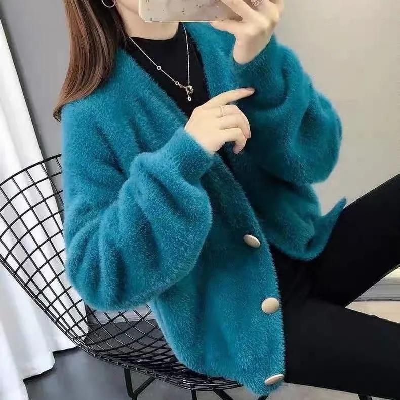 Women's Spring Autumn Korean Style Loose Knitted Cardigan Coat V-neck Outwear Sweater