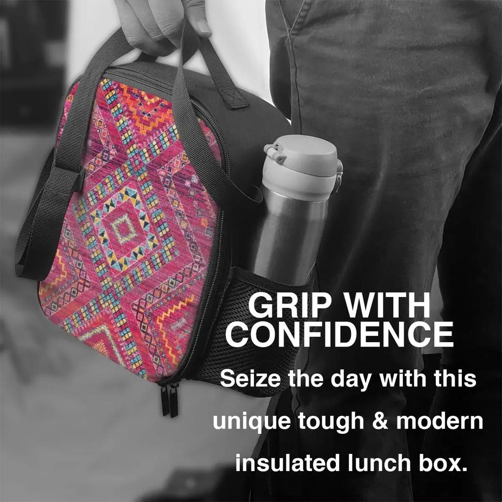 Vintage Pink Oriental Bohemian Moroccan Artwork Thermal Lunch Bags Geometric Diamond Lunch Tote Outdoor Storage Bento Food Box