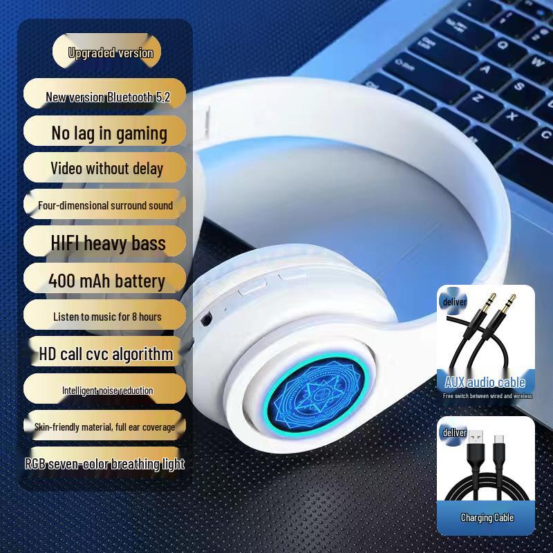 2025 Luminous Wireless Over-Ear Bluetooth Headphones with Heavy Bass and Large Earcups for Boys, Ideal for Running.