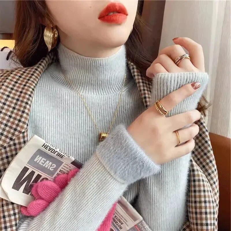 Winter Büro-dame Nerz Fleece Warme Pullover Mode Verdickt High-neck Strickwaren Beiläufige Gestrickte Langarm Pullover Frauen 29784
