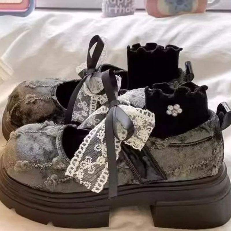 Platform Women's Autumn Lace Velcro Flower Big Head Shallow Mouth Mary Jane Single Shoes