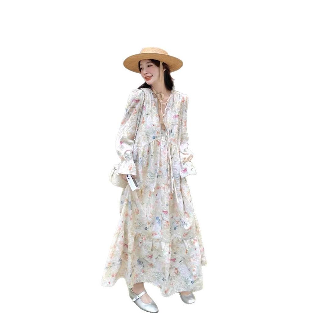 French Chic Floral Print Romantic Summer Long Dress with Elegant Hem