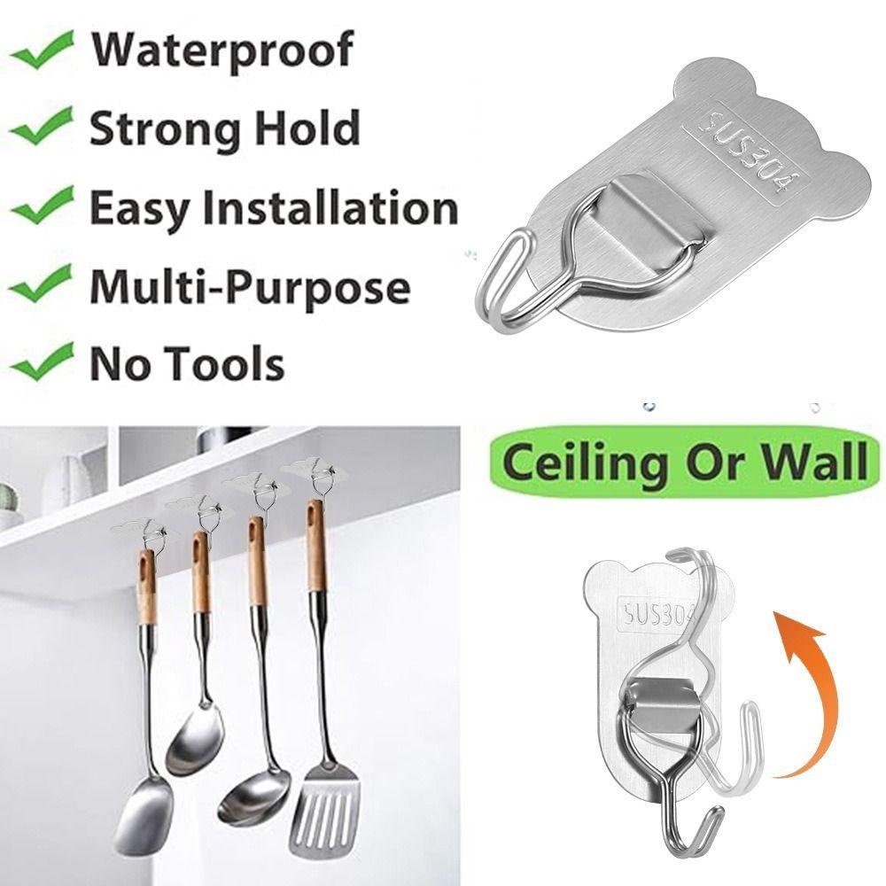 5/8PCS Bear Shape Sticky Hook Stainless Steel Door Behind Hook Self-adhesive Hook  Bathroom Kitchen