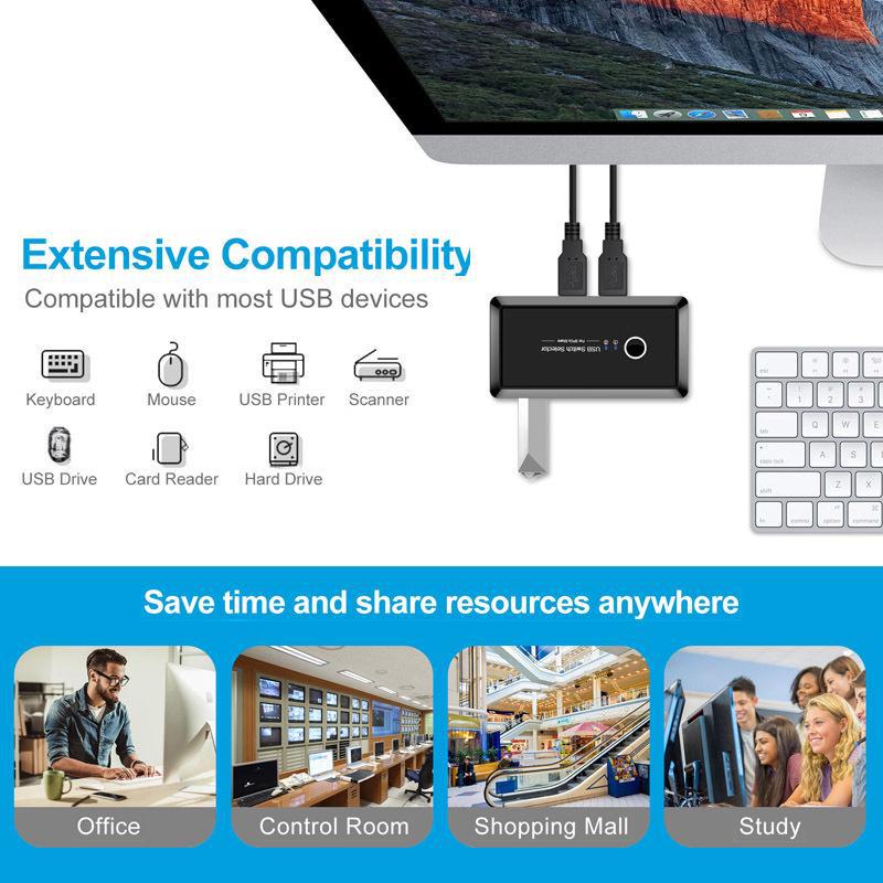 Διακόπτης Κοινής Χρήσης Εκτυπωτή USB Πολλαπλών Διεπαφών: Διαχωριστής 2 εισόδων, 4 εξόδων για χρήση με δύο υπολογιστές