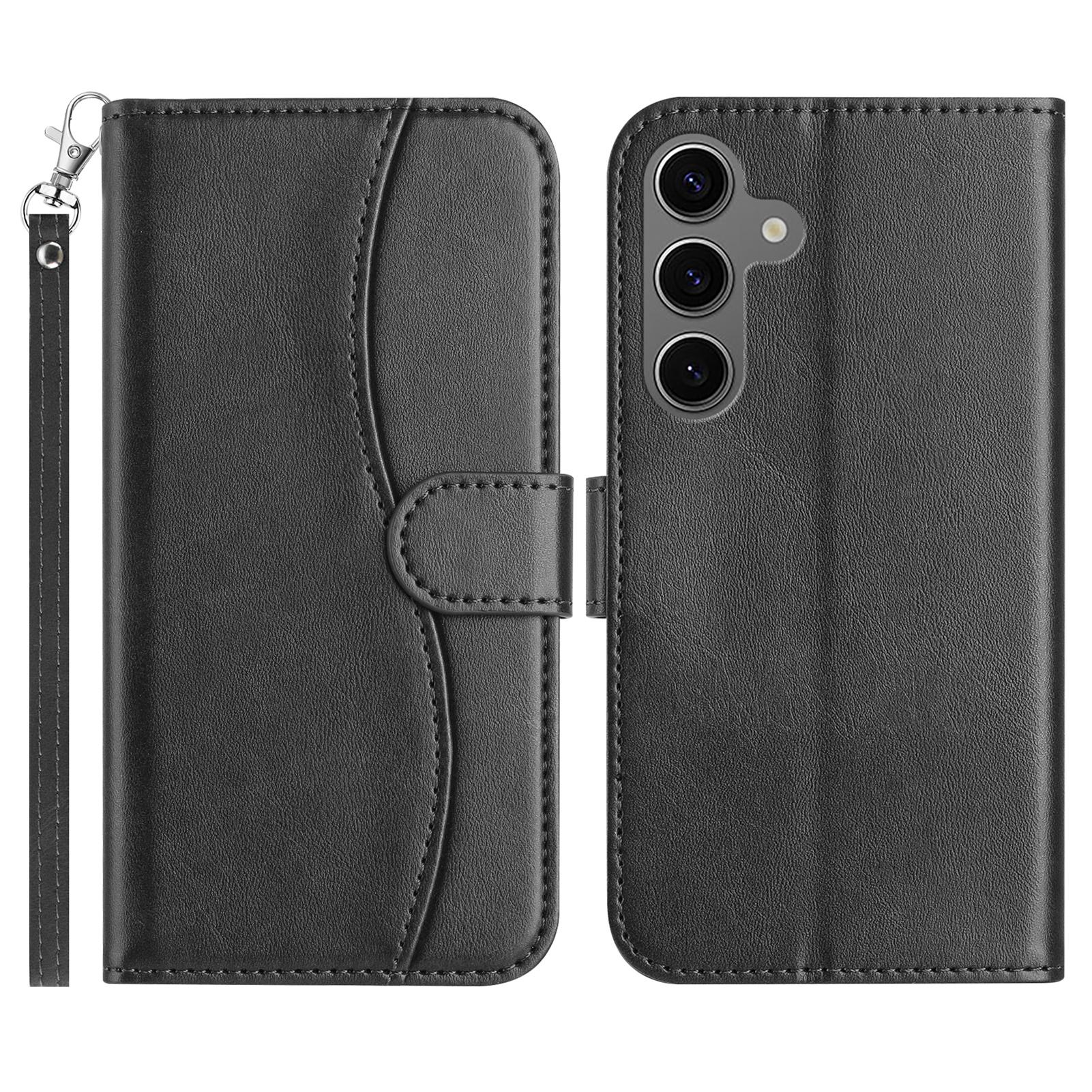 

For Samsung Galaxy S25+ Stand Case with Strap PU Leather Wallet Phone Cover S Shape Stitching Design B
