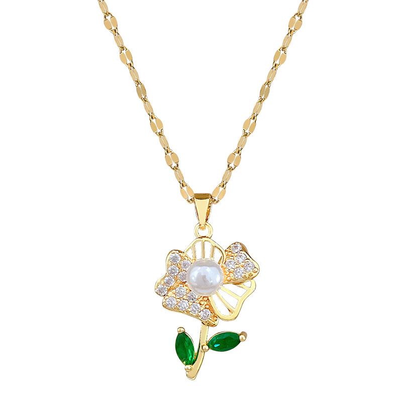 Titanium Steel Empty Green Leaf Flower Set Light Luxury Temperament Gorgeous Full Diamond Necklace Women'S Versatile Collarbone Titanium Steel Chain