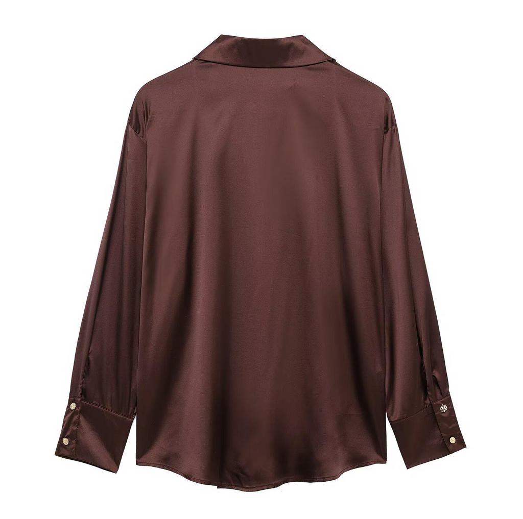 2025 Spring Women's Elegant Silk Satin Lapel Shirt - Casual, Loose Fit