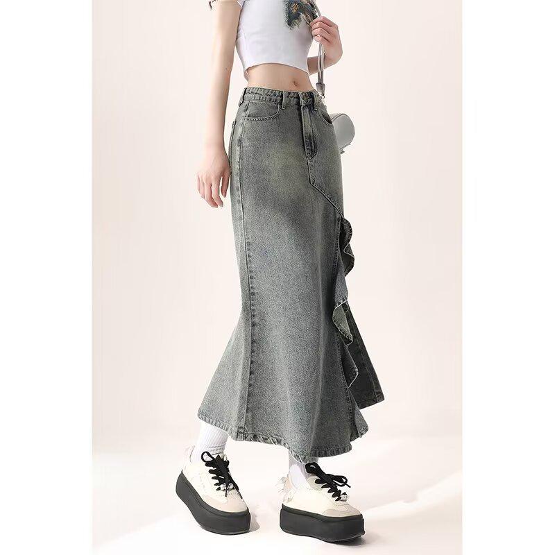 2024 High Waist A-Line Split Fishtail Denim Skirt for Women
