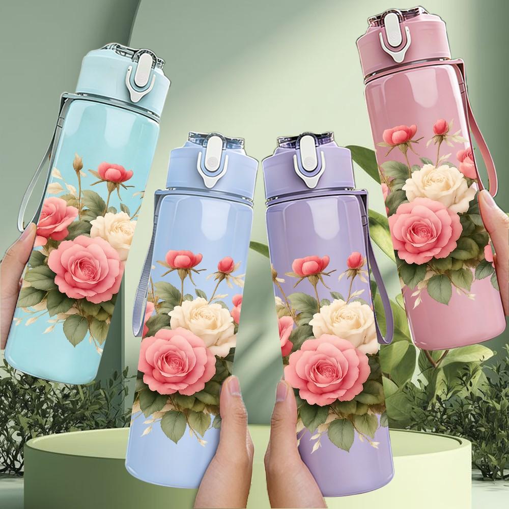 1PC Pink Rose Flower Bouquet Pattern 750ml Color Plastic Sports Water Bottle Leakproof Flip Straw Lid Suitable for Sports Office Home Use