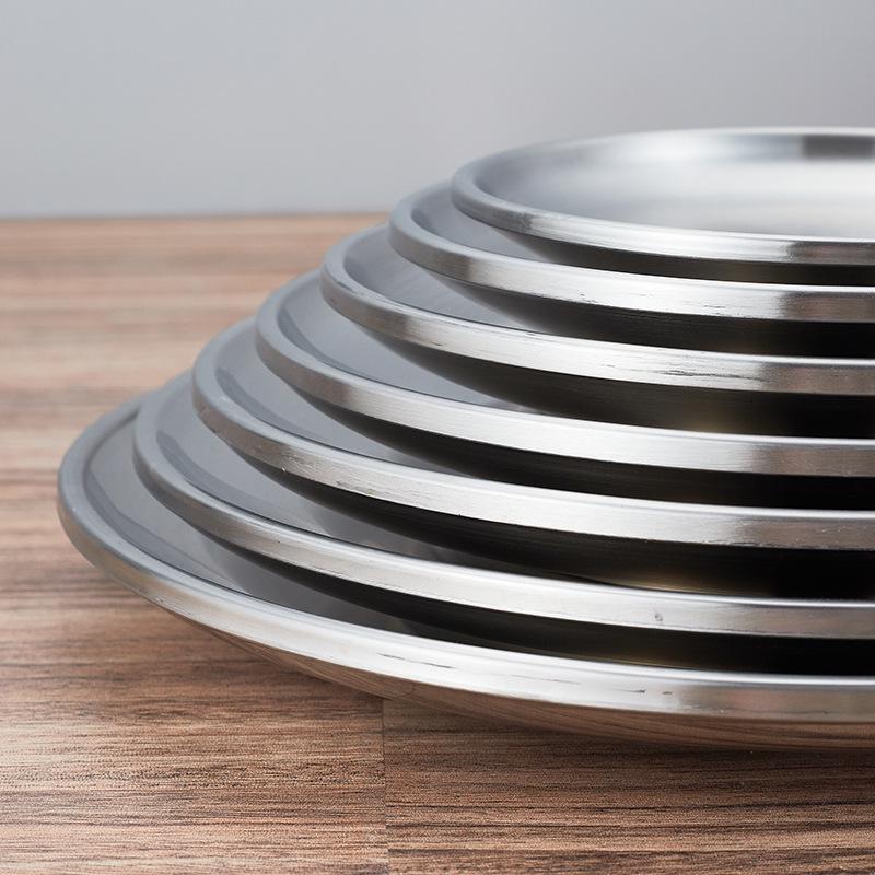 Korean Style Double-Layer Non-Magnetic Stainless Steel Insulated Golden Round Dinner Plate Tray
