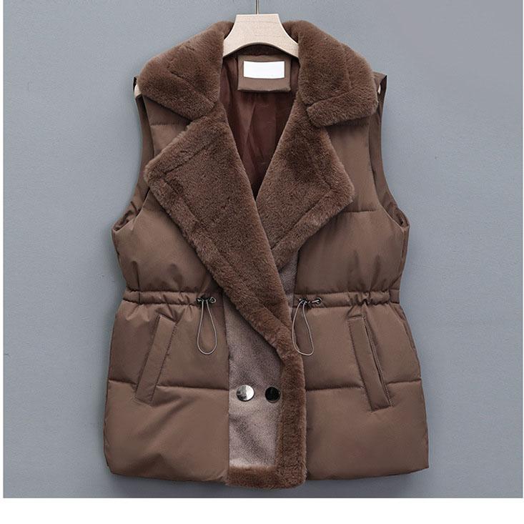 Winter Cotton Fur Integrated Down Vest Womens Puffer Vest Stand Collar Button Down Padded Jacket with Drawstring Waistcoat