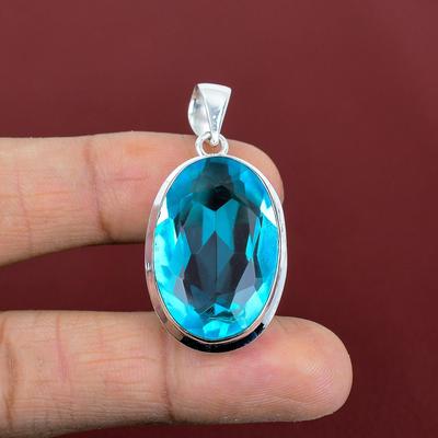 Faceted Swiss Blue Topaz Pendant Real Gemstone Pendant 925 Sterling Silver Pendant Handmade Pendant Swiss Blue Topaz Jewelry Gifts for Her