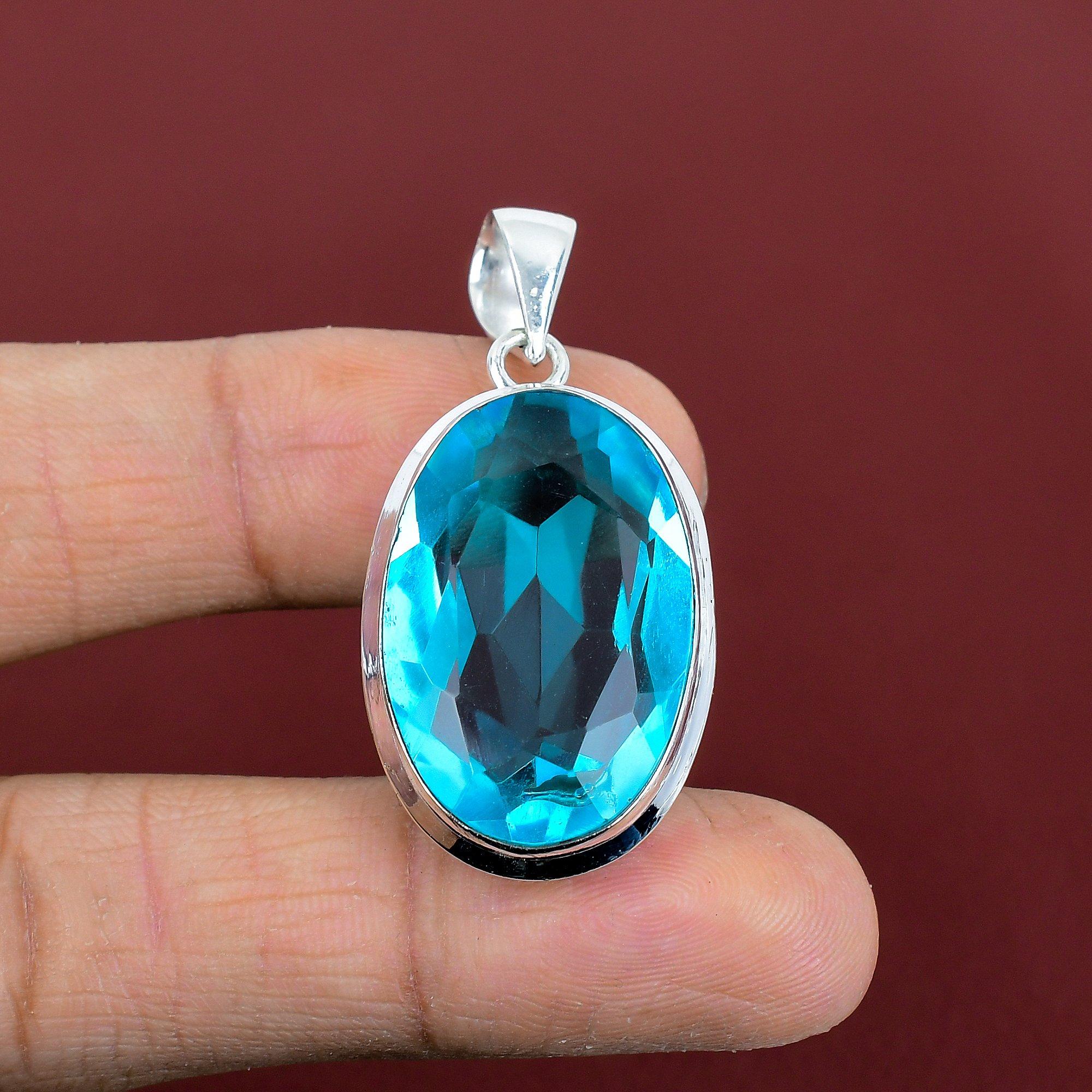 Faceted swiss blue topaz pendant real gemstone pendant 925 sterling silver pendant handmade pendant swiss blue topaz jewelry gifts for her