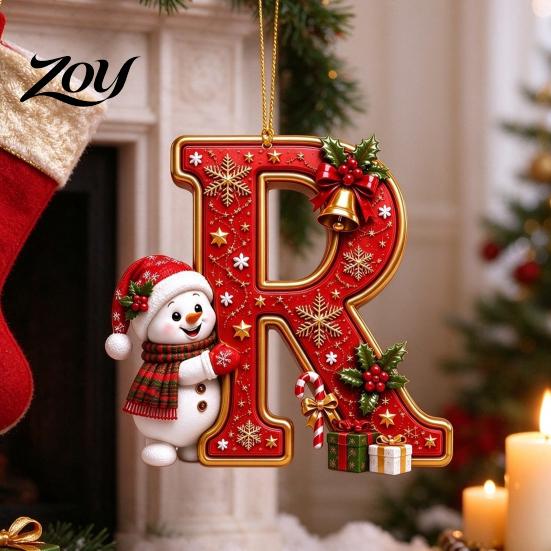 Indoor Holiday Decorations Cute Snowman Letter Christmas Ornament, 2D Flat Personalized A-Z Alphabet Clear Pattern Hanging Decor Acrylic Pendant