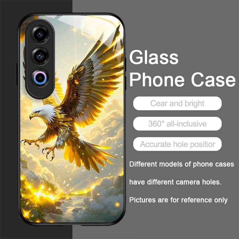 Stylish Eagle Golden Diamond Pattern Tempered Glass Phone Case for OnePlus 13R 12 11 10 9 Nord CE4 3 2 Lite ACE2 ACE3 Pro Cover