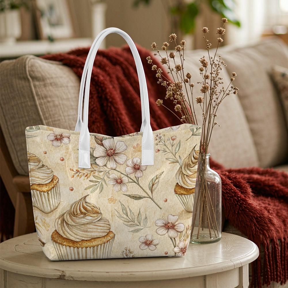 Sweet Flower Cupcake Print Tote Bag Stylish Large Capacity Casual Shoulder Bag for Daily Outing Shopping
