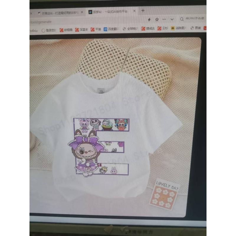 Cute Labubued Letter Printed T-shirt Cotton Summer Outdoor Wear Short Sleeve Girls Clothes Top Cartoon Children Clothing Toddler