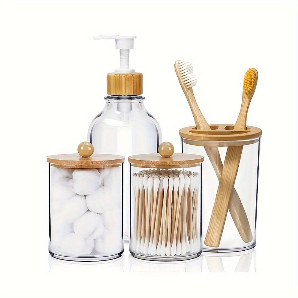 

4pcs Bamboo Bathroom Accessories Set - Rustic Boho Decor, Soap Dispenser, Toothbrush Holder, 2 Cotton Swab Holder Jars чистый