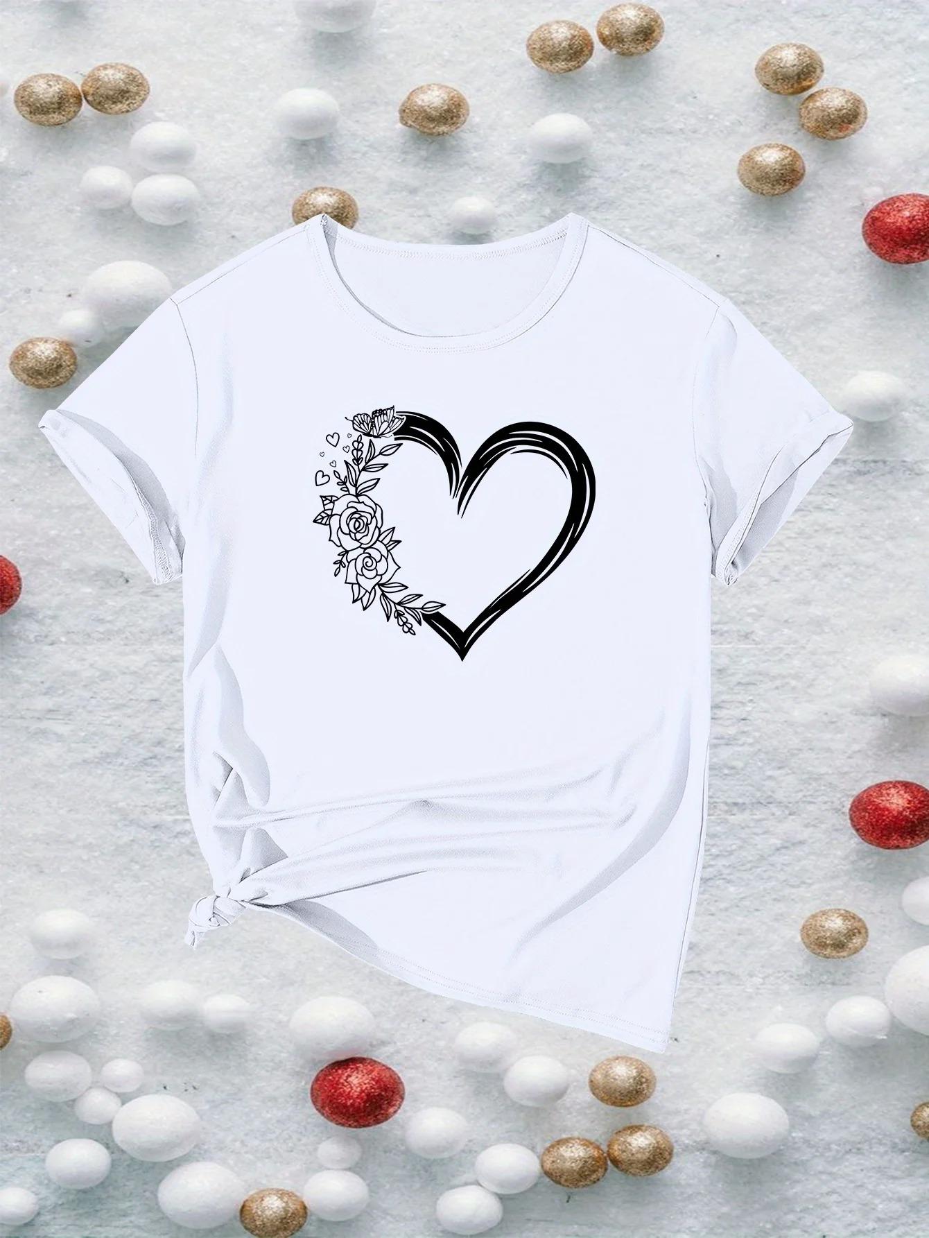 Elegant Tshirt with Floral and Heart Print for Women Tshirt Casual Short Sleeve Tshirt for Women Top S