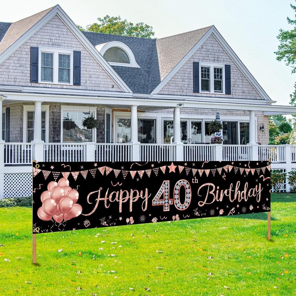 40th Birthday Banner Decorations for Women, Rose Gold Happy 40 Year Old Birthday Sign Party Supplies, Forty Bday Party Decor Photo Booth Props for