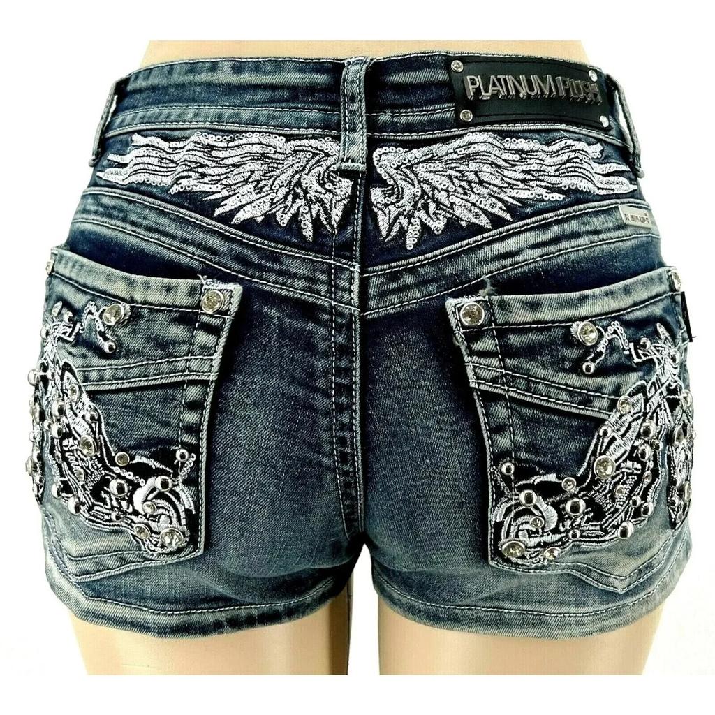 VIONA Damen Motorrad Flügel Nieten Stickerei Shorts Y2k Vintage Gothic Heißes Mädchen Sexy Gewaschene Jeansshorts