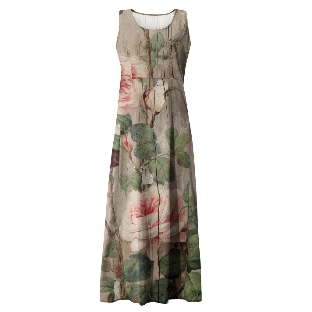 Summer Casual Dresses For Women Sleeveless Floral Print Tank Sundress Pleated T-shirt Cotton Dress With Pockets