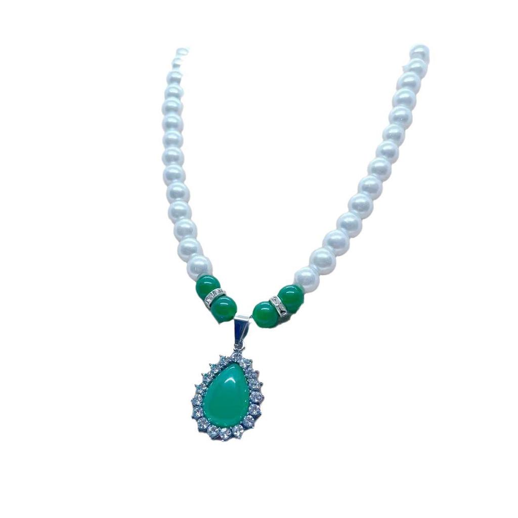 Mother's Chain Imitation Pearl & Rhinestone Necklace Set with Green Chalcedony - Perfect Mother's Day Gift