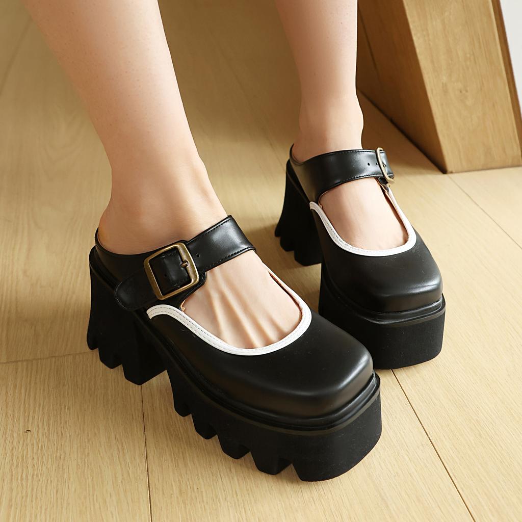 thick-soled Mary Jane shoes for  spring and autumn new retro French one-word with thick heels and light mouth jk small leather shoes for women